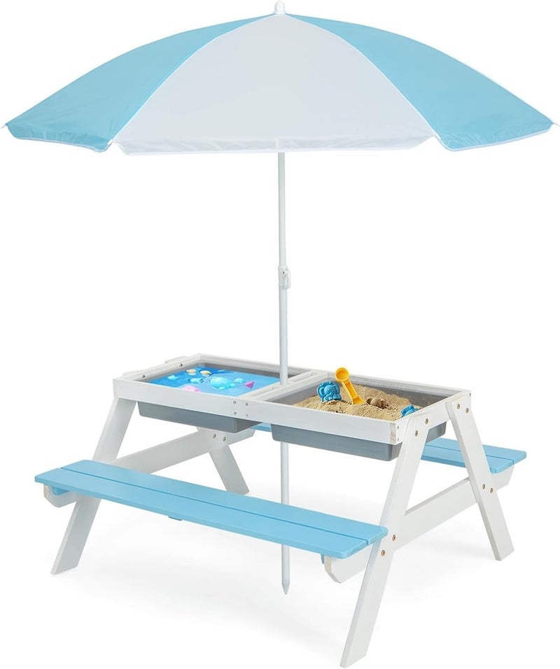 Olakids Kids Picnic Table, 4 in 1 Outdoor Toddler Sand Water Wooden Table and Chair Set with Removable Umbrella, Children Activity Furniture Bench Set for Patio Garden Backyard - Image 1